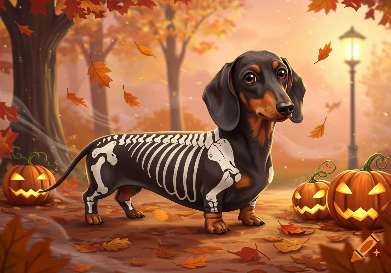 Illustrated dachshund in a skeleton costume standing among autumn leaves and glowing jack-o'-lanterns.