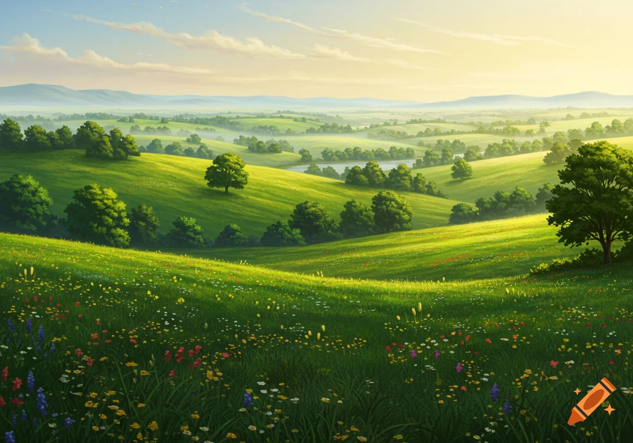 A vibrant, lush green landscape with rolling hills, scattered trees, a lake, and wildflowers under a bright, sunny sky. Digital art.