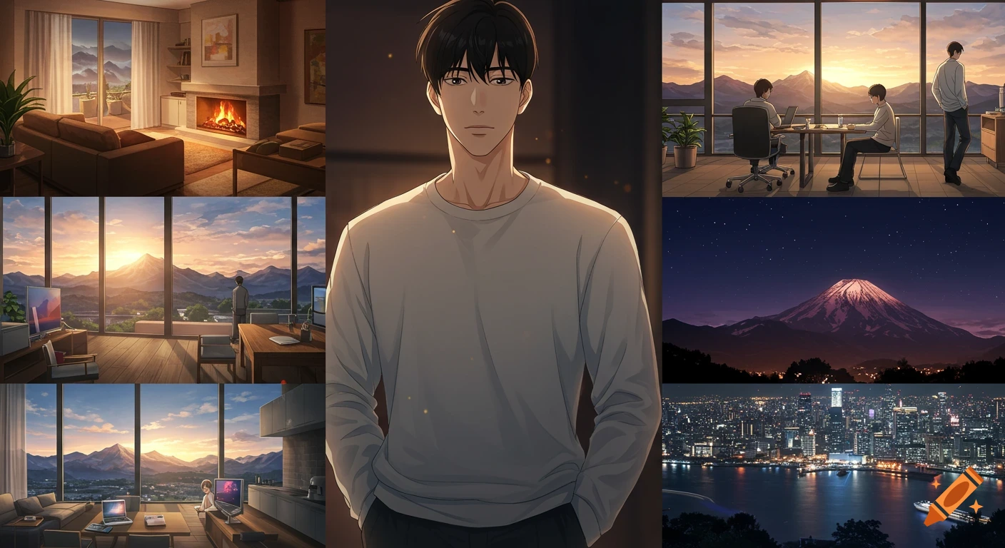 Anime-realism collage featuring a man and scenes like a cozy home, mountain views, a city skyline, and a snowy peak.