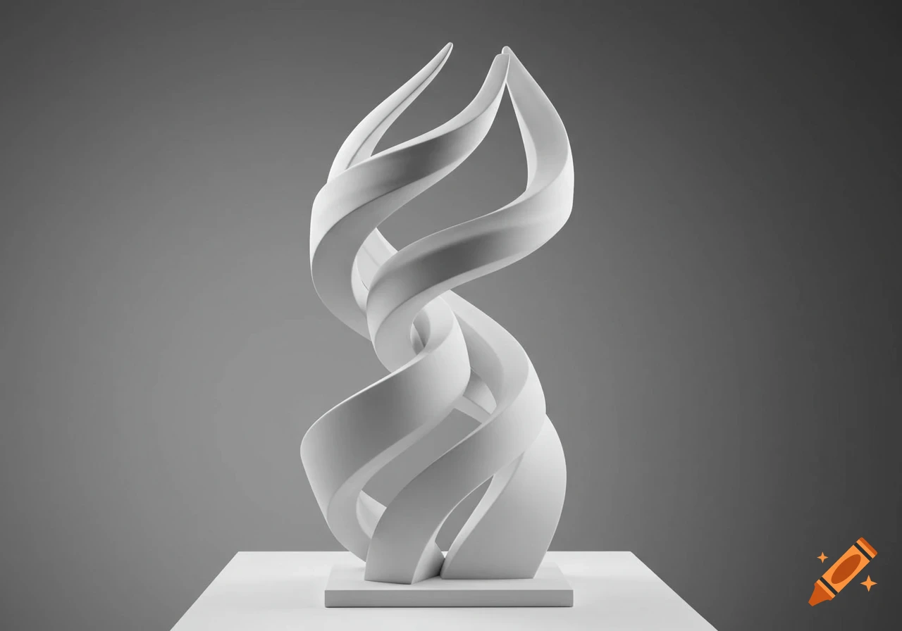 A white, elegant, abstract plaster sculpture with flowing, spiraling forms, standing on a white pedestal against a grey background.