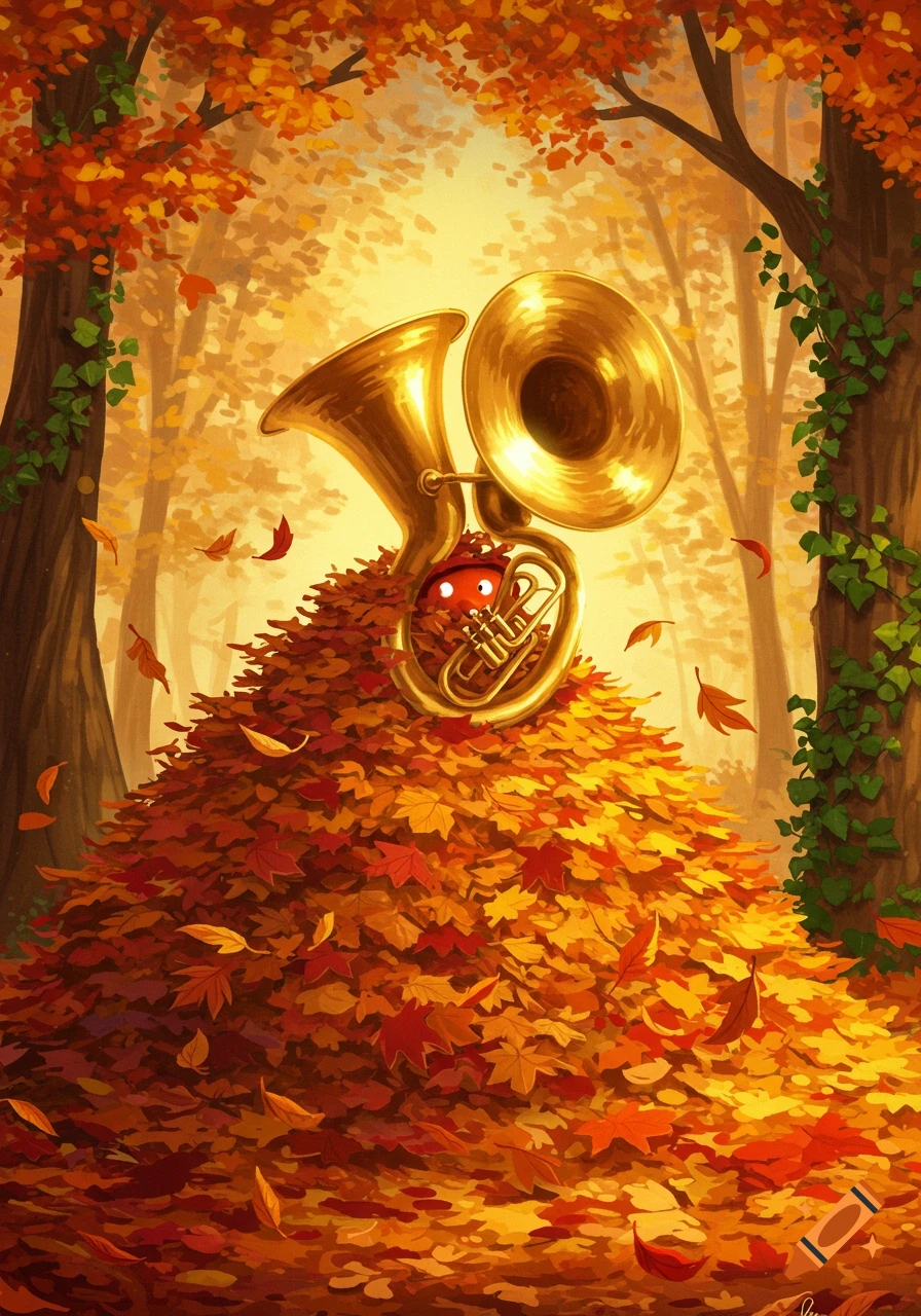 A whimsical illustration of a red, eyed creature peeking from a large pile of vibrant autumn leaves with a golden tuba.