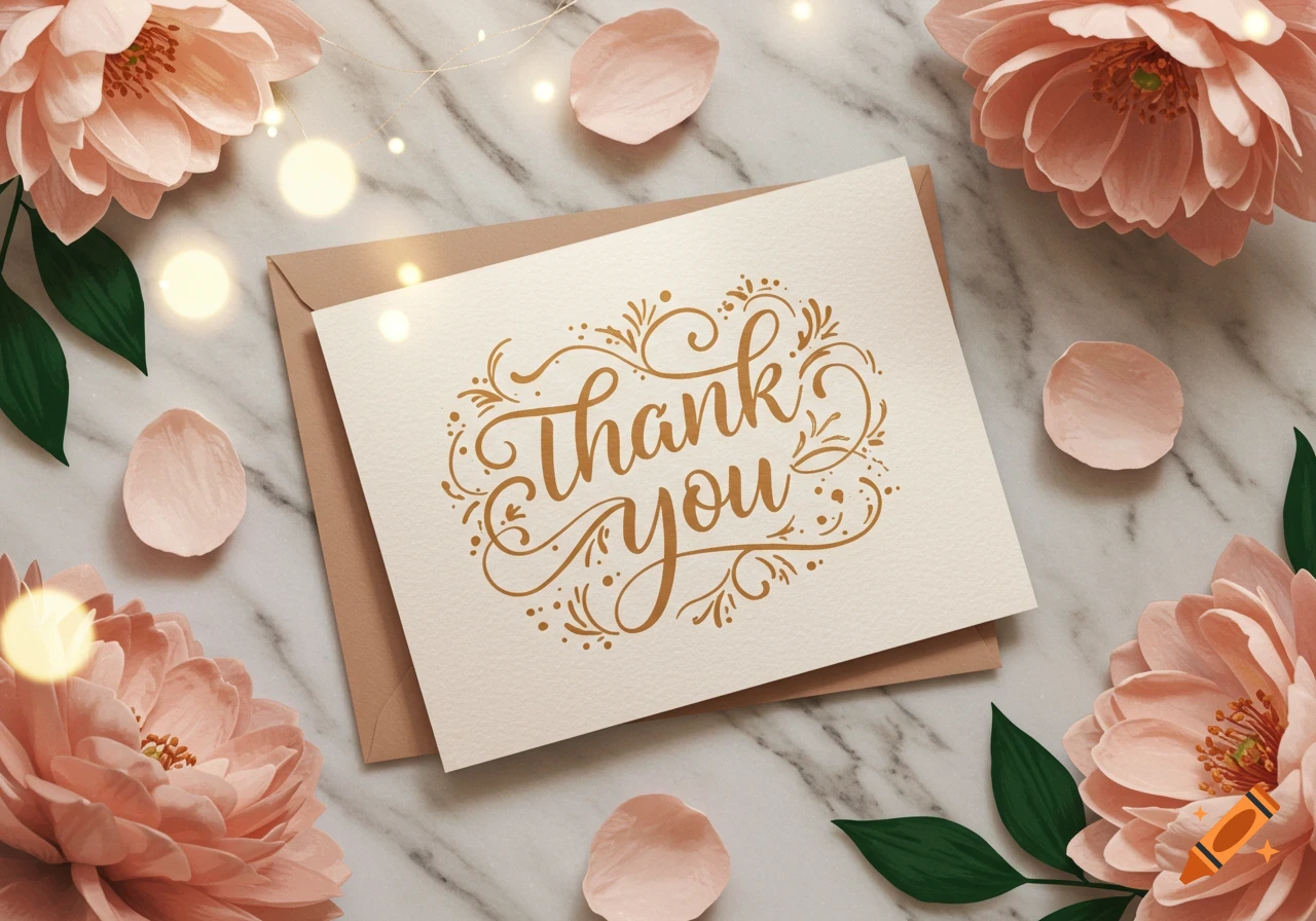 A flat lay of a 'Thank you' card with gold script on a marble surface, surrounded by pink flowers and petals.