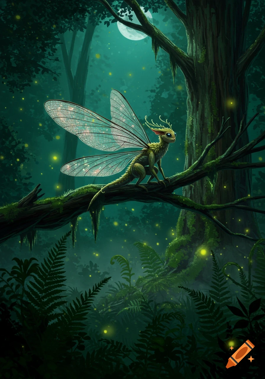 A small, green, winged fantasy creature with large, translucent wings sits on a mossy branch in a moonlit, glowing forest at night.
