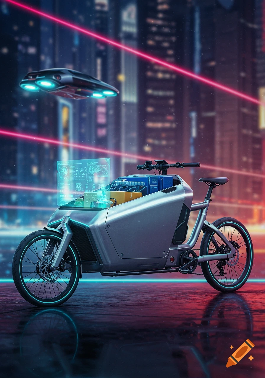 A futuristic cargo bike with a glowing holographic display and a flying vehicle hovering above a neon-lit cyberpunk city at night.