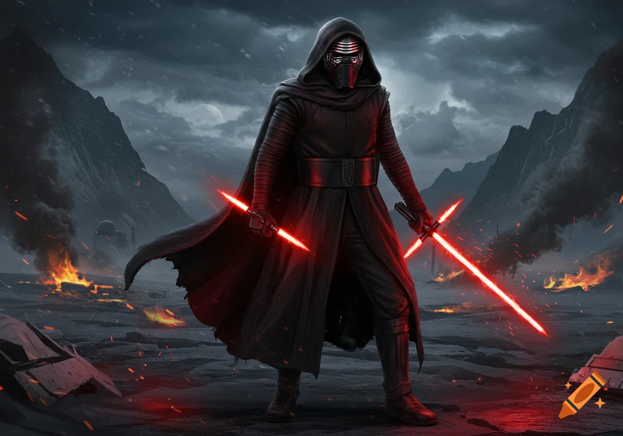 Kylo Ren in dark robes stands on a fiery, desolate planet, holding two red lightsabers, set against mountains and a dark sky.