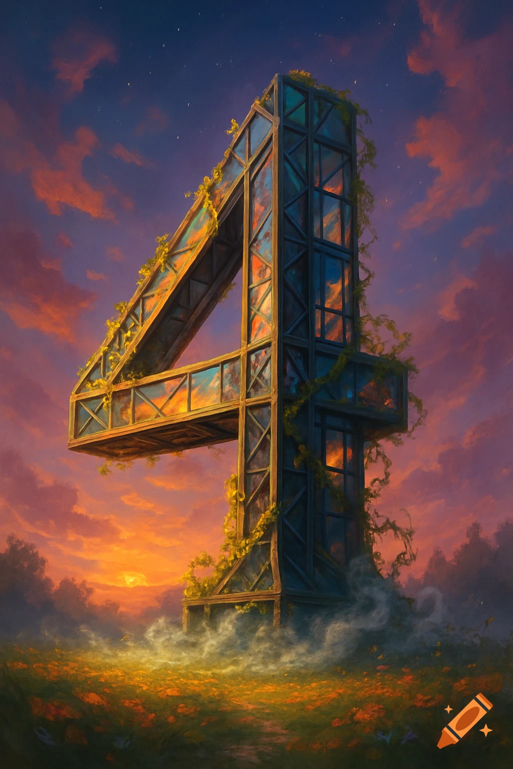 A massive, glass and metal structure shaped like the number four, covered in vines, stands in a misty field of flowers under a dramatic sunset sky.