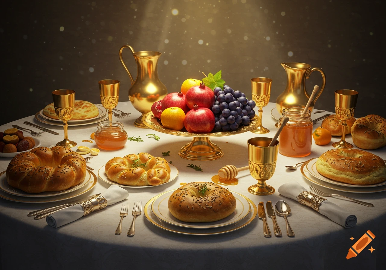 A festive table setting with golden goblets, pitchers, a fruit platter of pomegranates and grapes, honey jars, and round loaves of bread.