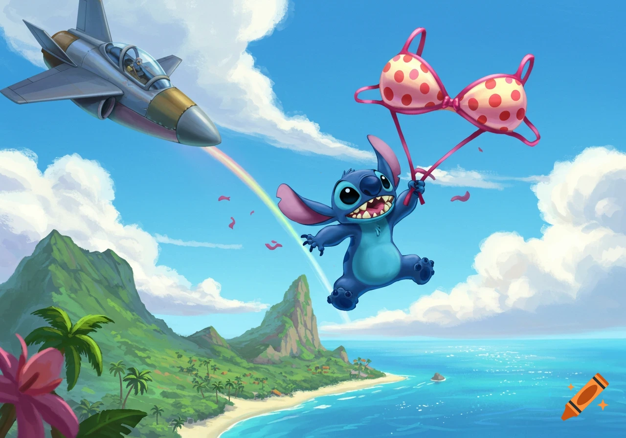 Stitch flies above a tropical island holding a polka-dotted bra, a jet creates a rainbow trail, in a vibrant cartoon style.