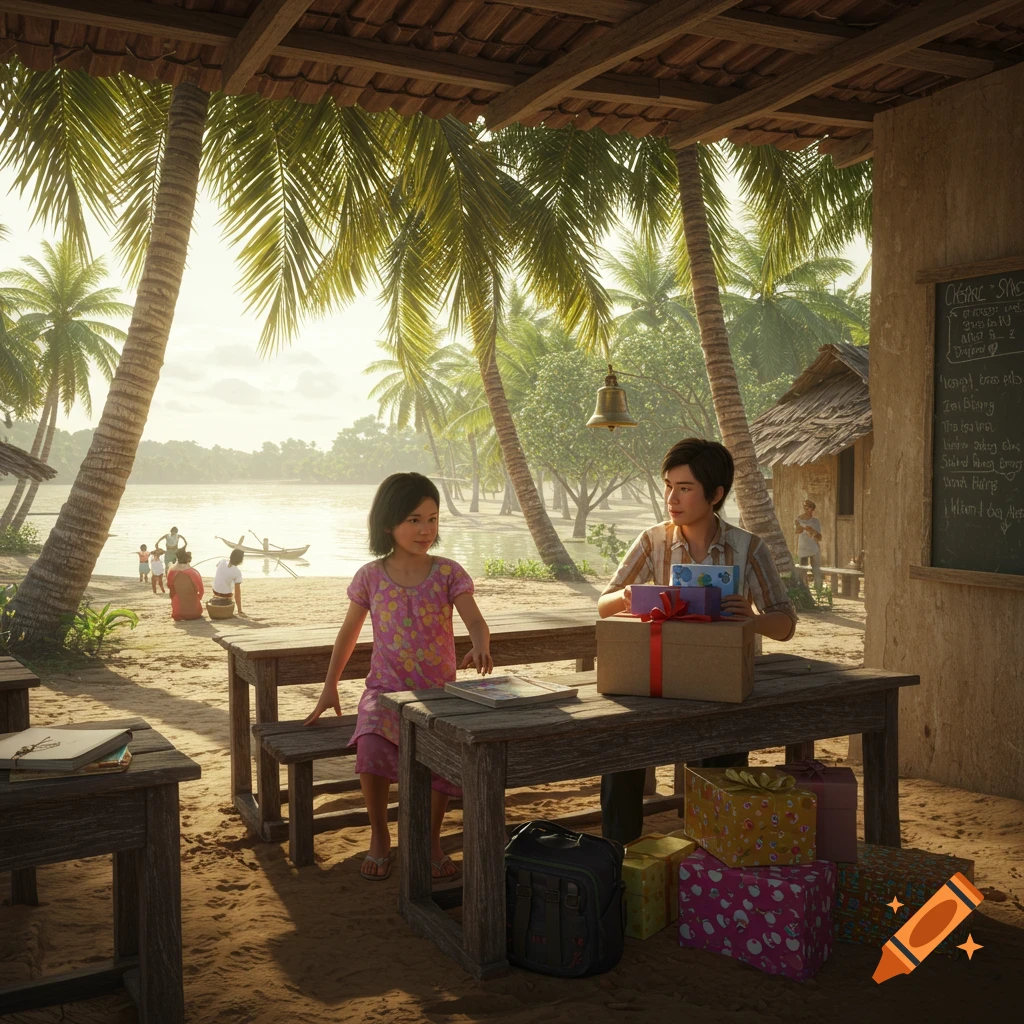 Two children, a boy and a girl, exchange gifts under a shelter in a tropical riverside village with palm trees.