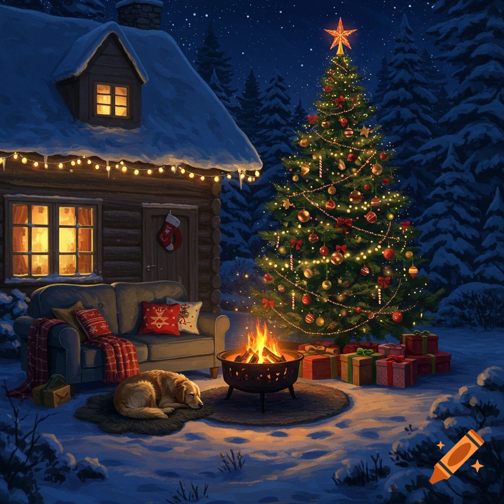 A golden retriever sleeps by a warm fire pit in a snowy winter scene outside a cozy log cabin decorated with Christmas lights and a large, lit Christmas tree.