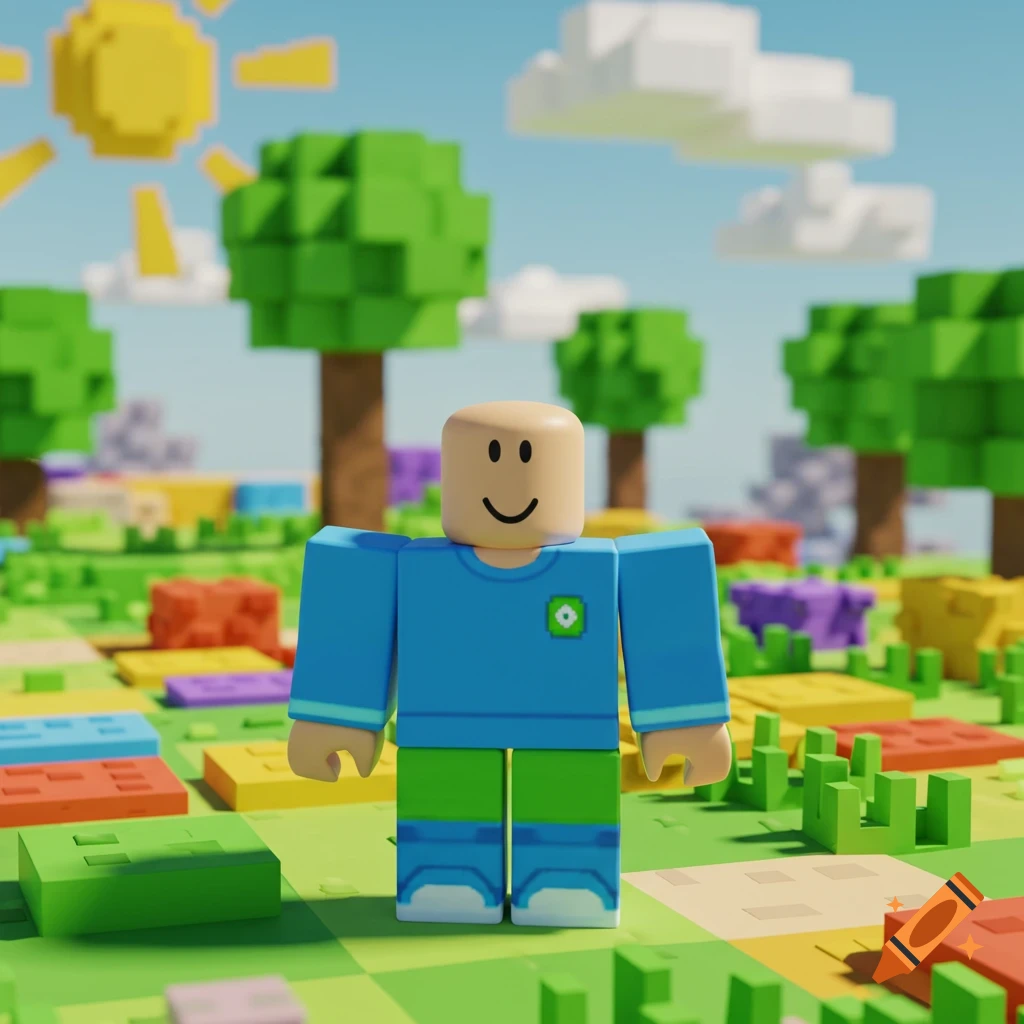 A Roblox-style character with a smiling face, blue shirt, and green pants stands in a blocky landscape.