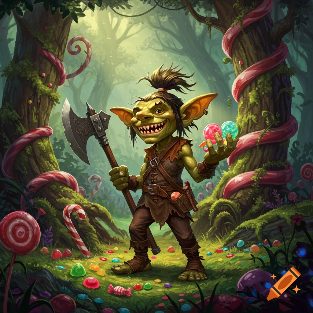 A grinning goblin holds an axe and candies in a vibrant, candy-filled fantasy forest illustration.