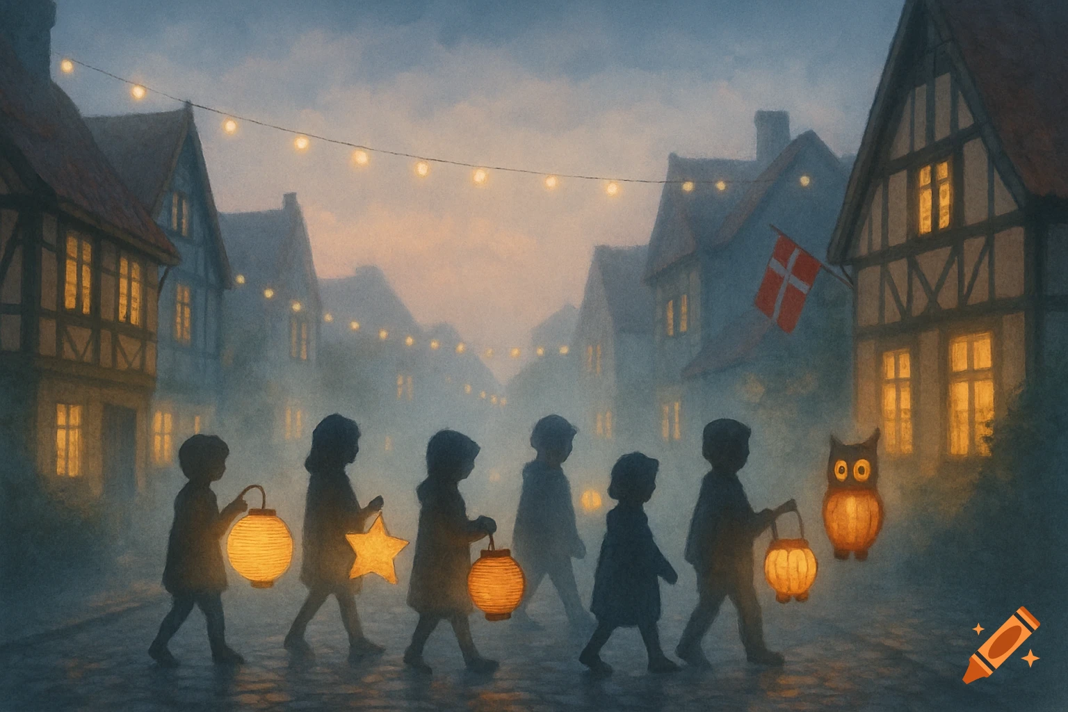 Silhouettes of children carry glowing lanterns and a star through a misty European town at dusk, string lights overhead.