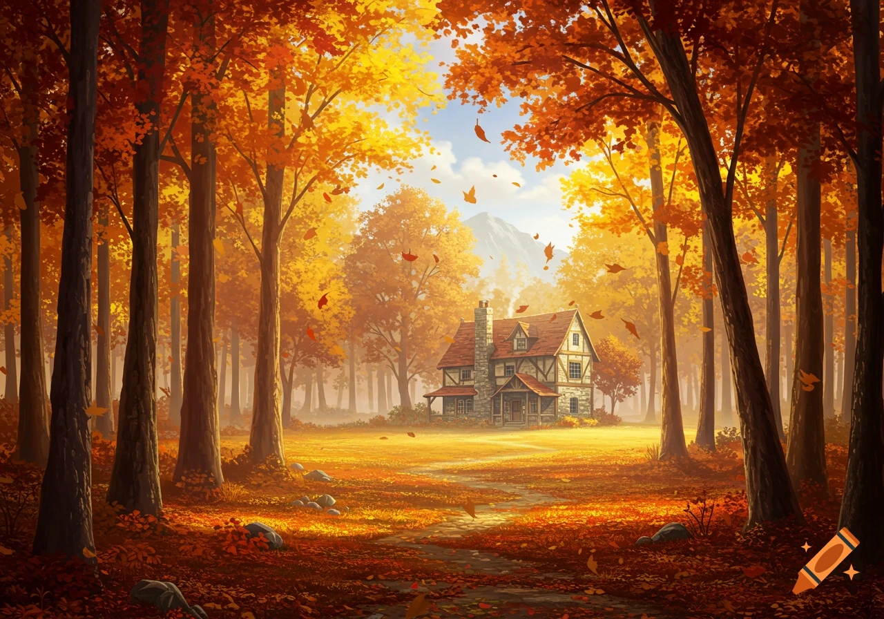 A quaint house nestled in a vibrant autumn forest with orange and yellow trees, falling leaves, and a winding path.
