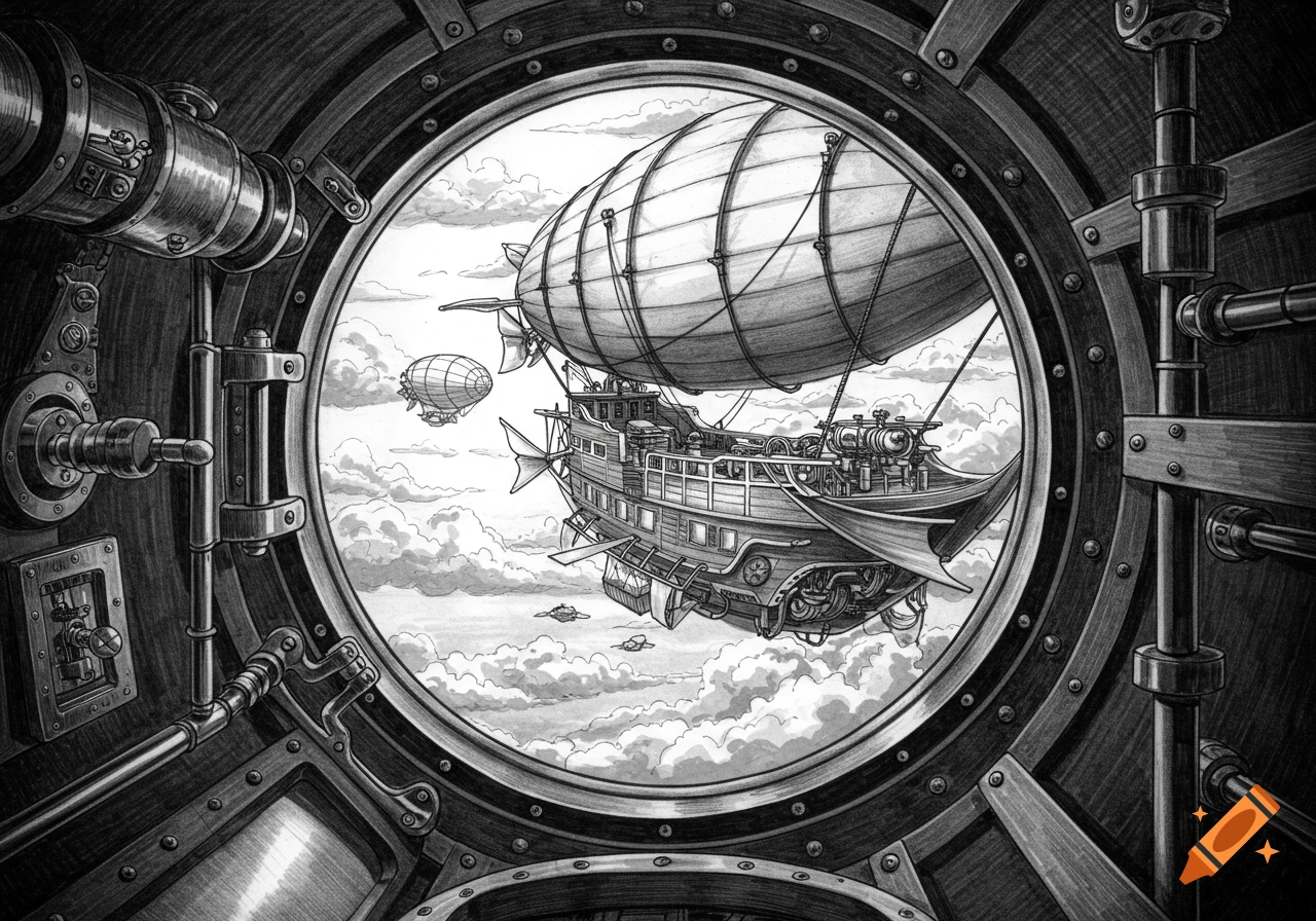 A detailed black and white drawing, seen through a porthole, depicts a large steampunk airship flying above clouds, with smaller airships in the background.
