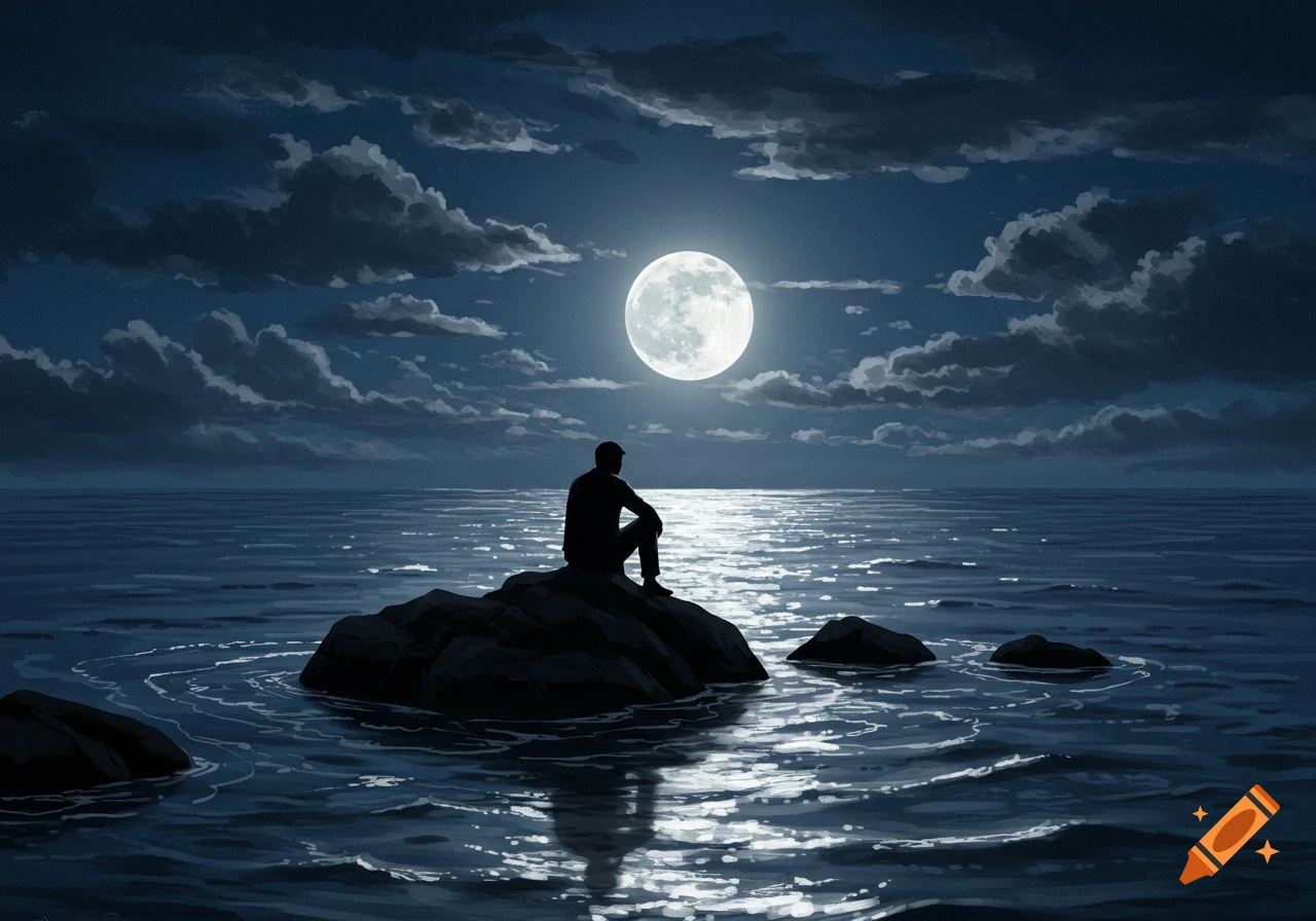 A silhouette of a person sits on a rock in the calm, moonlit sea under a cloudy night sky. Digital art.