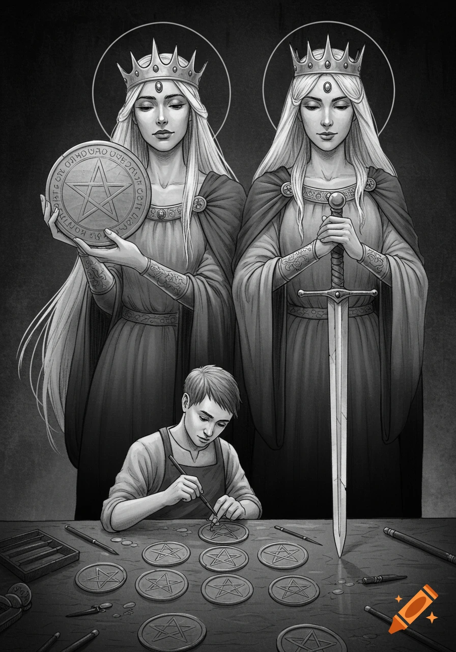 Grayscale art of two crowned queens, one with a pentacle coin, one with a sword, looking at a young craftsman engraving pentacles on a table.