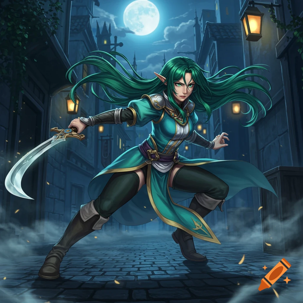 An anime-style fantasy elf warrior with green hair and a curved sword poses in a dark, moonlit alley.