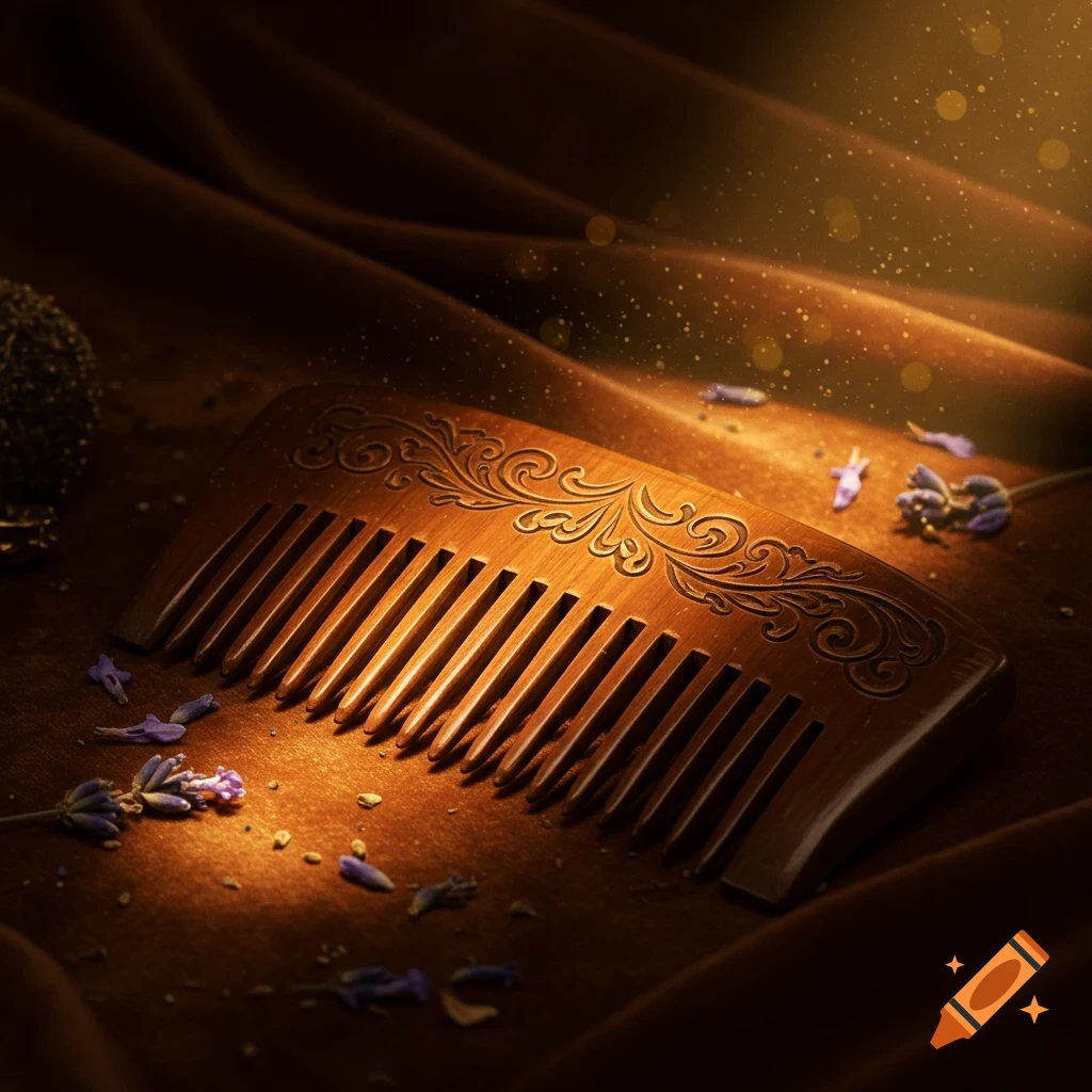 A wooden comb with ornate floral carvings rests on a rich brown satin cloth, illuminated by warm light and surrounded by lavender flowers and sparkling bokeh.