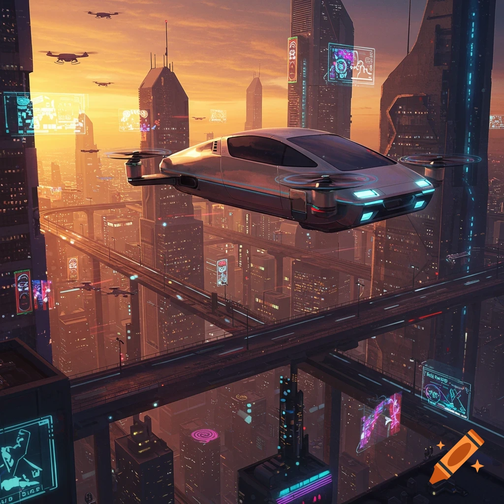 A sleek flying car hovers above a vibrant, futuristic cityscape with towering skyscrapers and elevated highways at sunset.