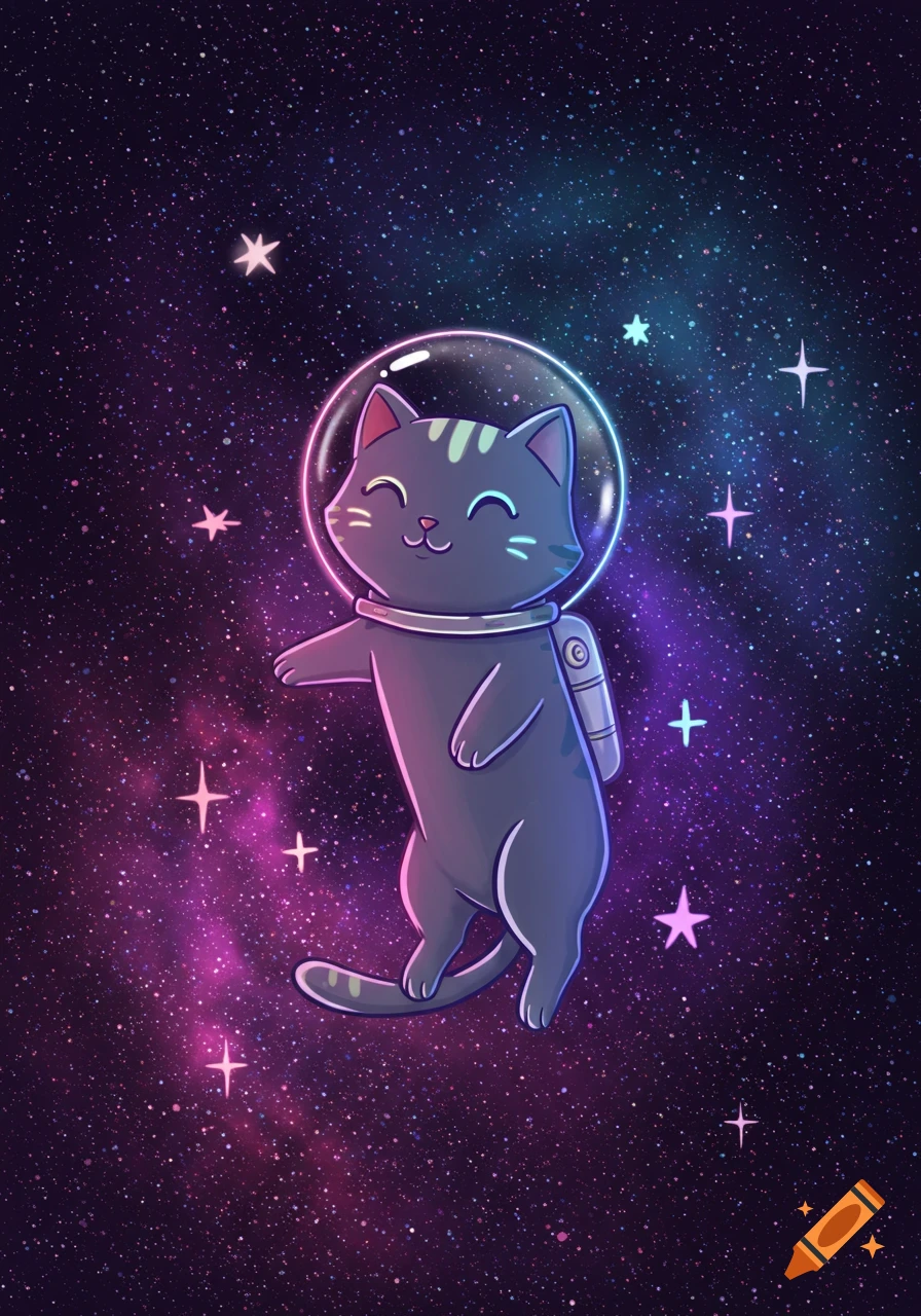 A cute gray cartoon cat wearing an astronaut helmet and suit floats in a vibrant purple and blue starry galaxy.