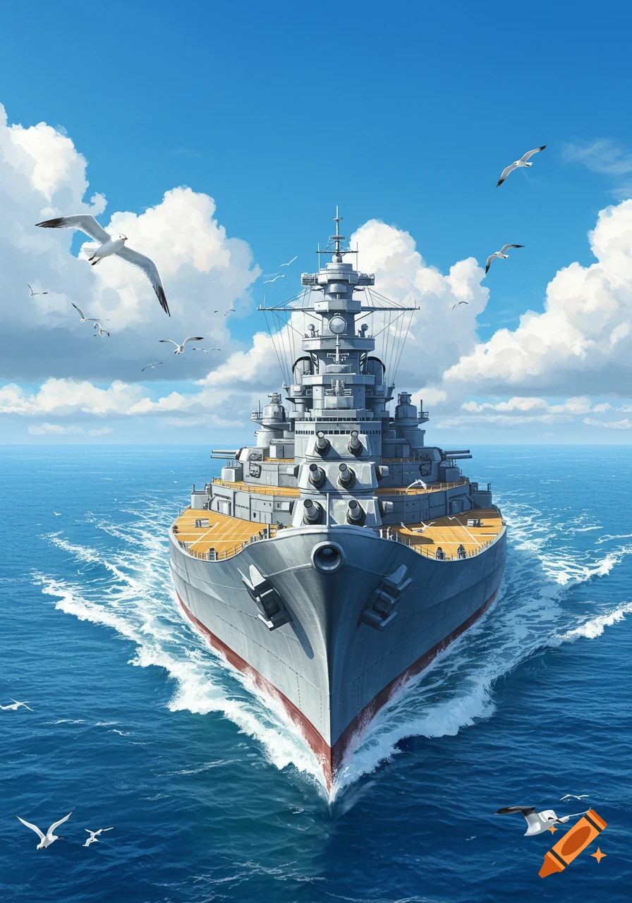 A detailed illustration of a grey battleship sailing through blue ocean waters under a sunny sky with white clouds and flying seagulls.