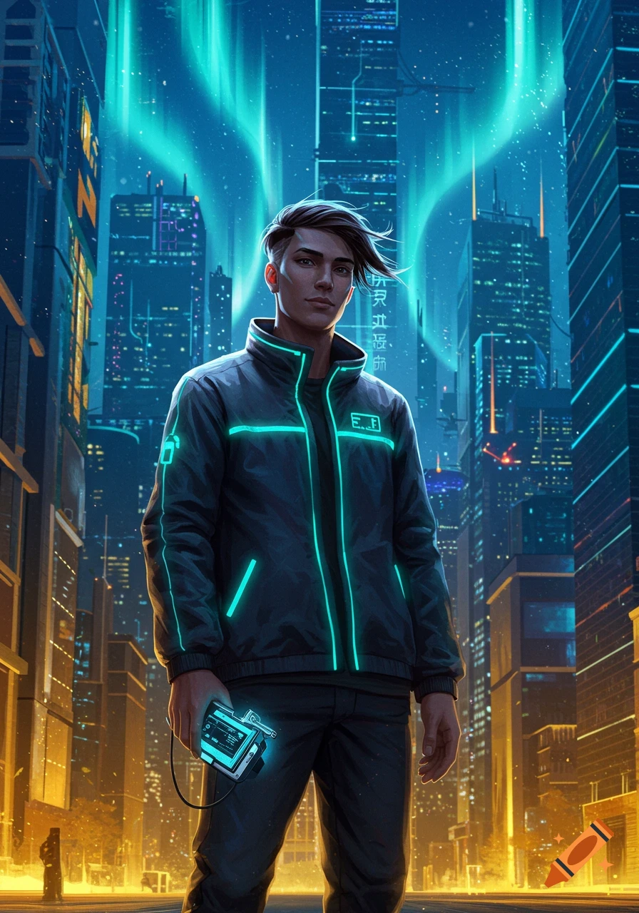 A man in a black jacket with glowing teal lines stands in a neon-lit cyberpunk city, holding a glowing device.