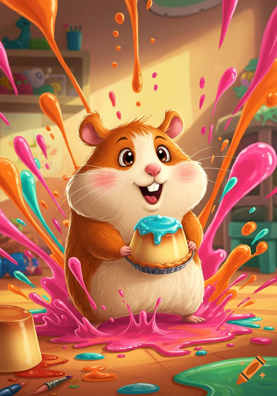 A cute, brown and white cartoon hamster smiling, covered in colorful pink, orange, and blue goo, holding a dessert. Vibrant illustration style.