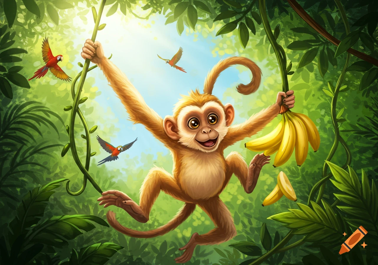 A happy cartoon monkey swings on a vine, holding bananas in a vibrant jungle with flying parrots.