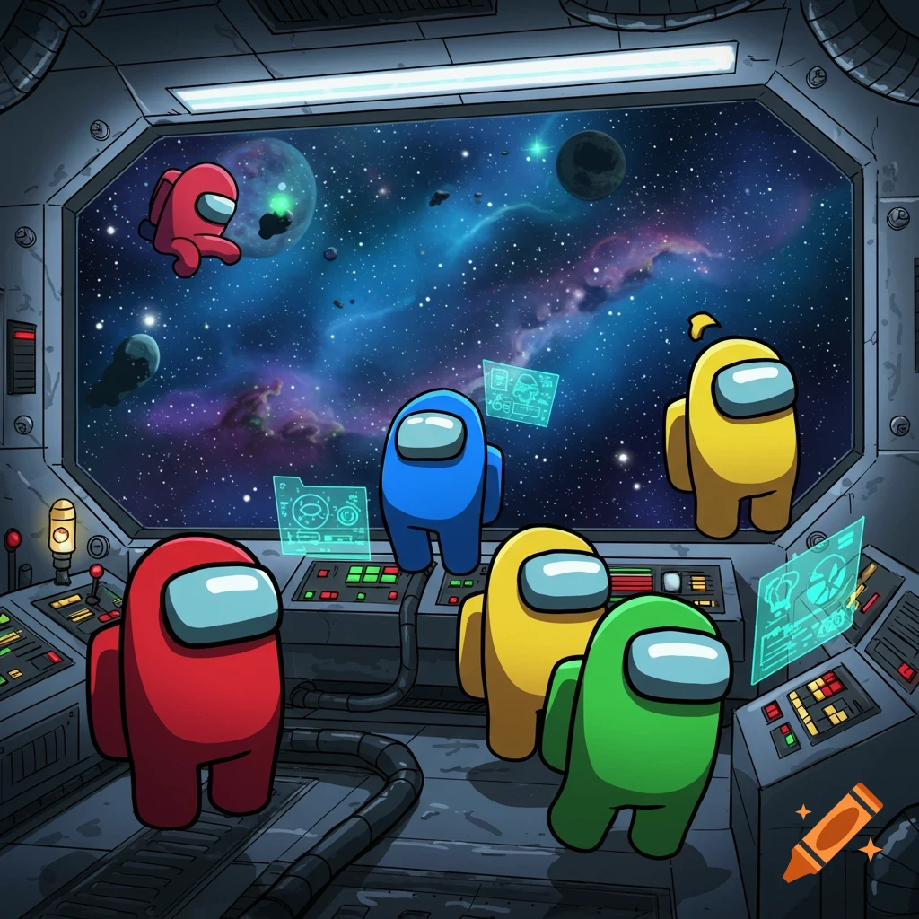 Colorful Among Us characters inside a spaceship cockpit, looking out at a window showing a starry galaxy with planets.