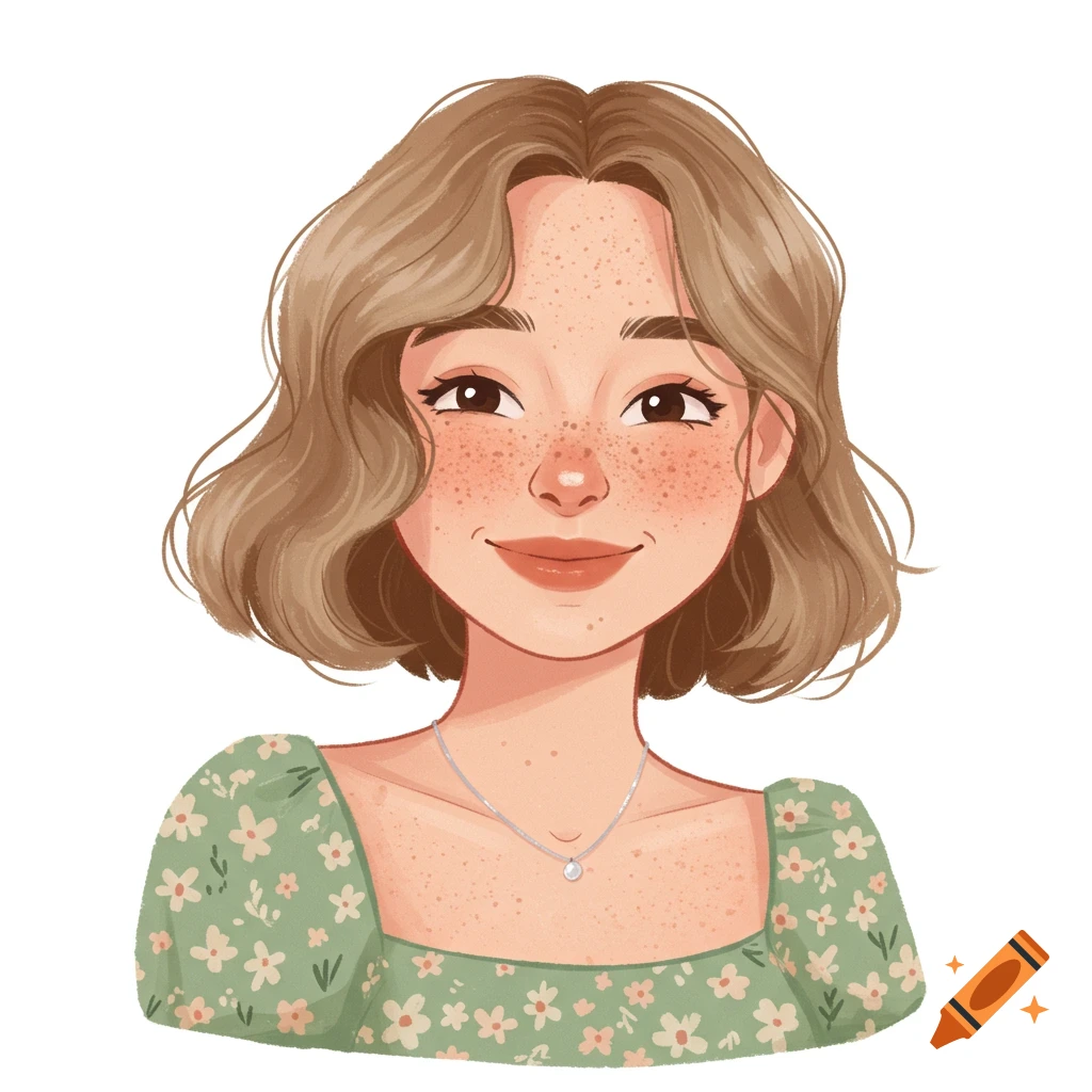 A cartoon portrait of a smiling young woman with short brown hair, freckles, wearing a green floral top and a silver necklace.