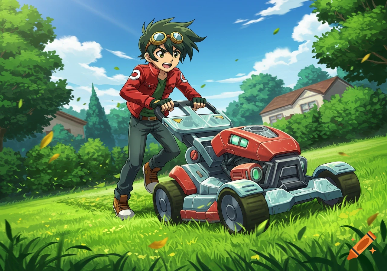 Anime character Dan Kuso pushes a futuristic red and gray lawnmower across a bright green lawn under a sunny blue sky.