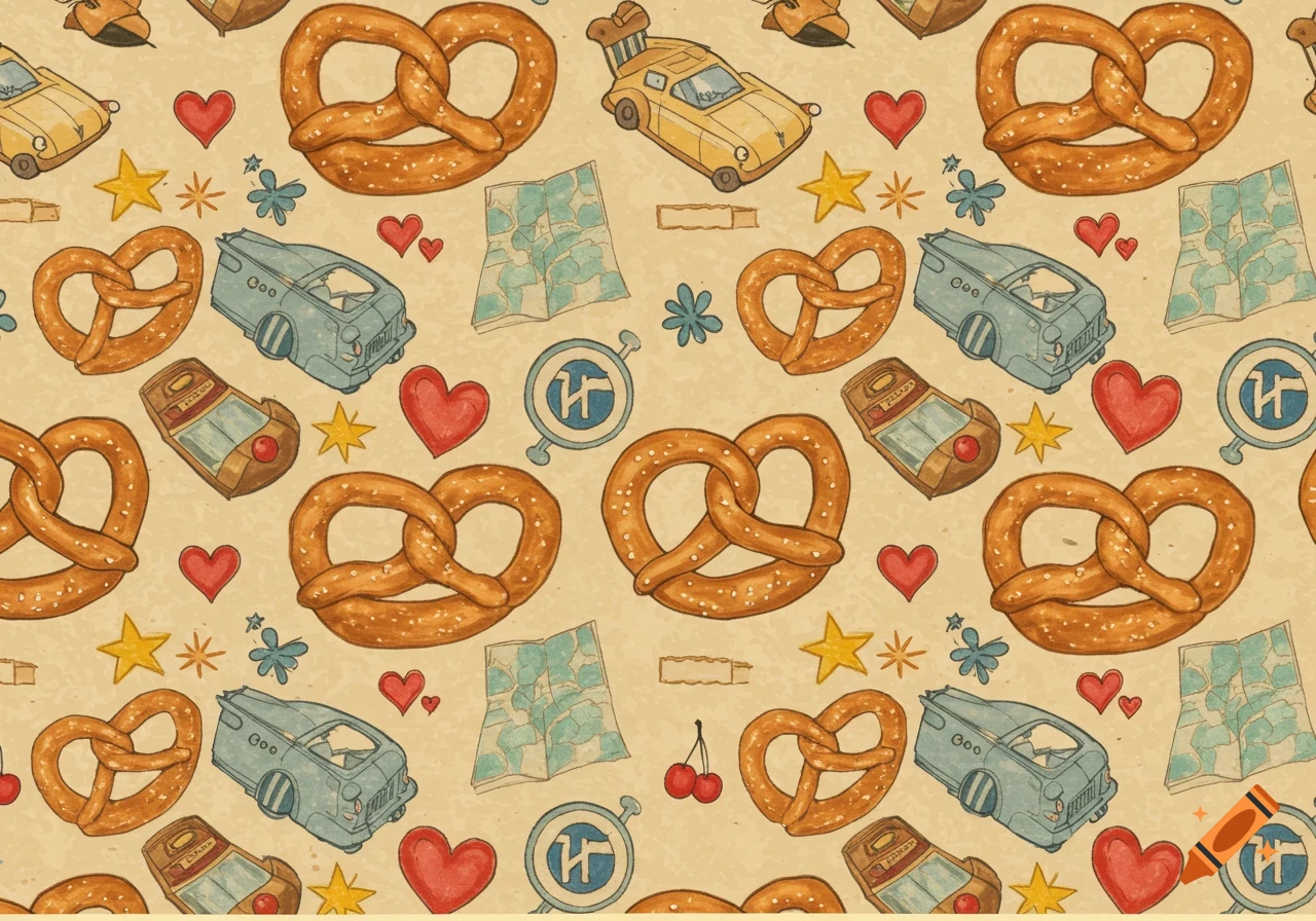 A hand-drawn repeating pattern of pretzels, classic cars, hearts, stars, and maps on a textured beige background.