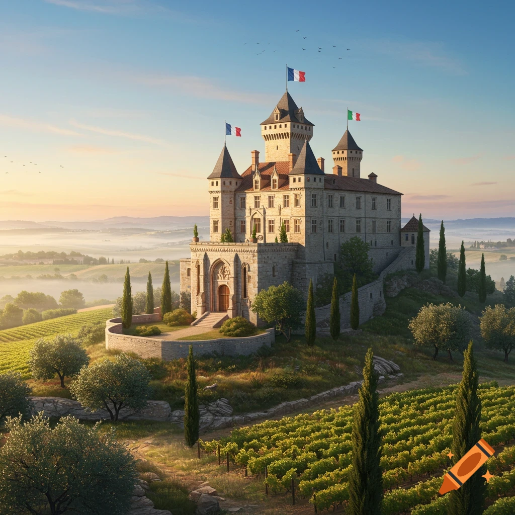 A grand chateau adorned with French and Italian flags overlooks vineyards and a misty valley at sunrise.