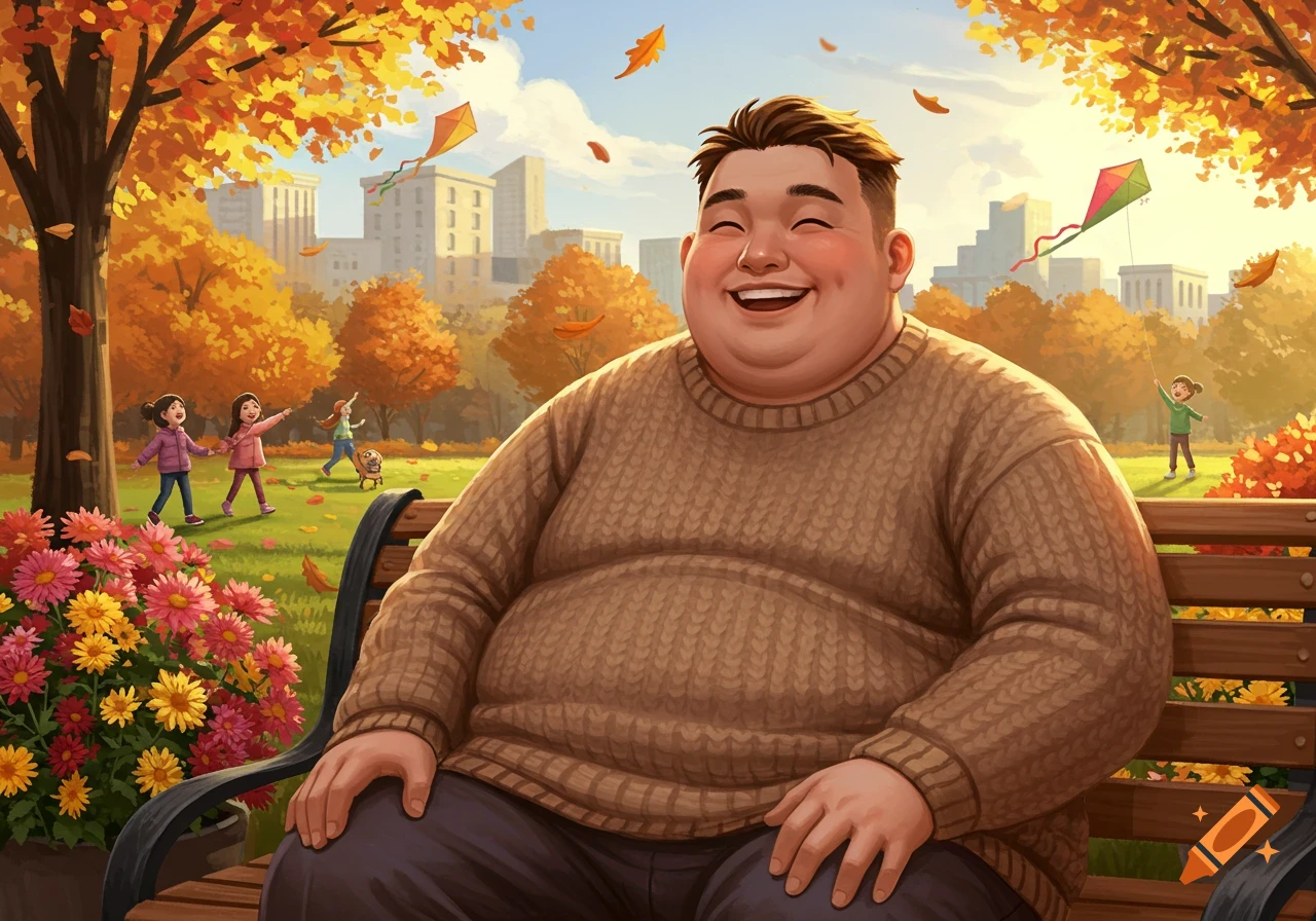 A cheerful, chubby man sits on a park bench amidst autumn foliage while children play in the background in a stylized illustration.