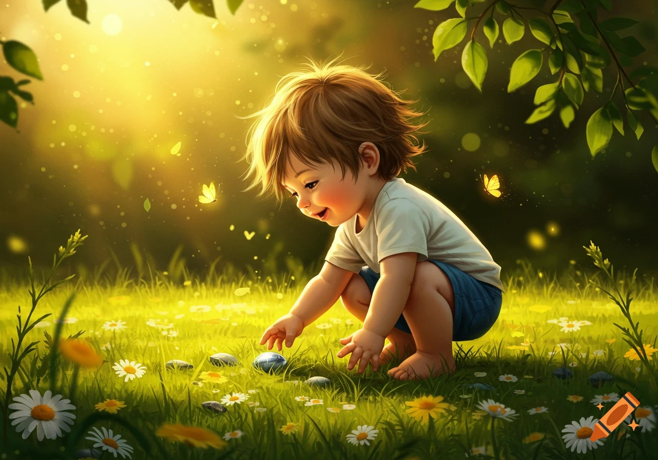 A smiling toddler with messy brown hair squats in a sunlit field, reaching for a blue pebble as butterflies flutter around.