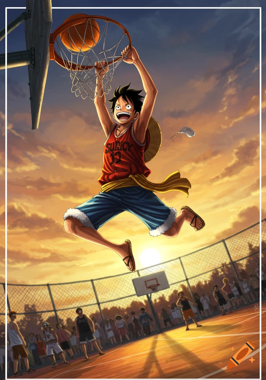 Anime illustration of One Piece character Luffy dunking a basketball on an outdoor court at sunset.