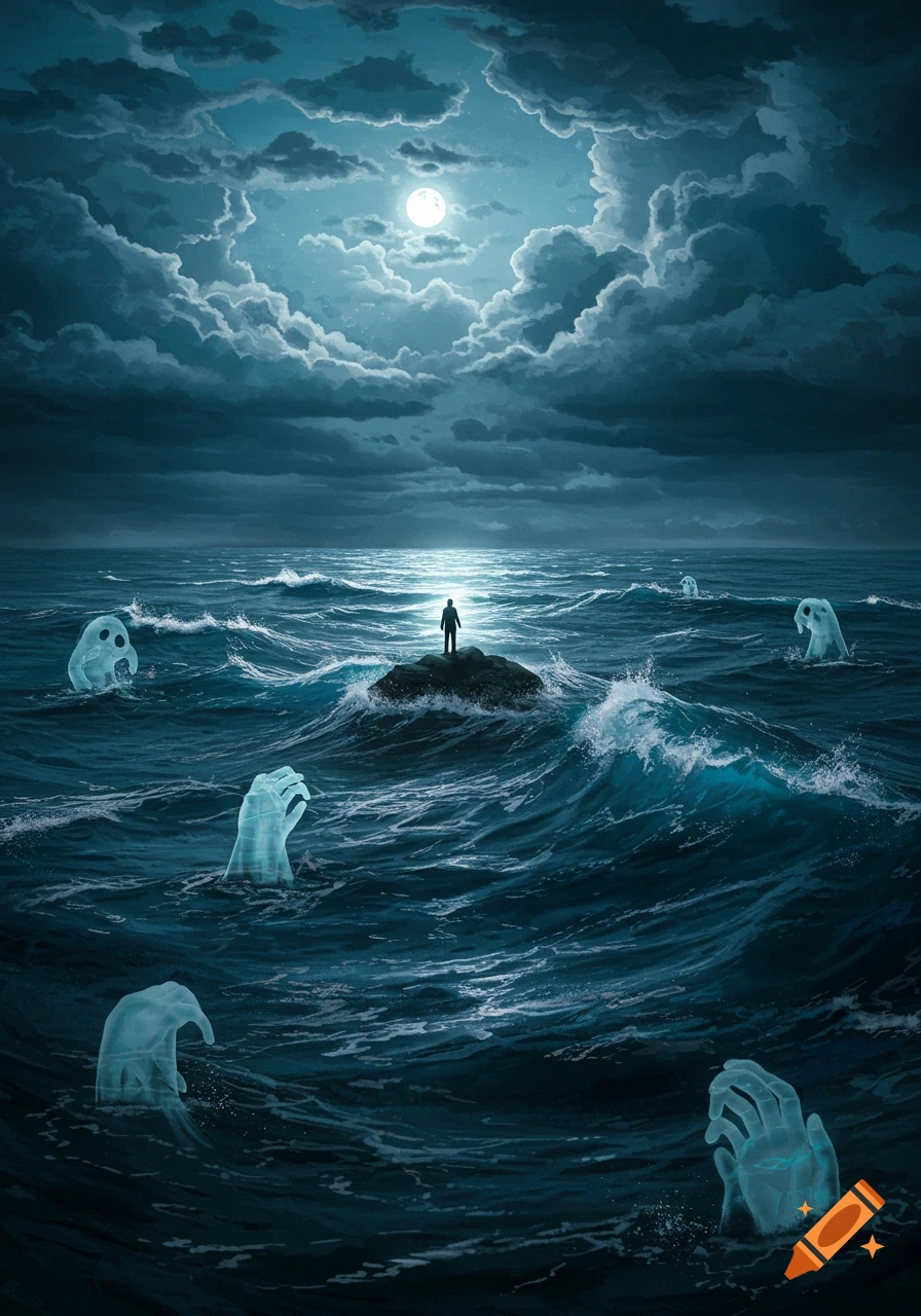 A lone person stands on a rock in a stormy, moonlit ocean with dark clouds, surrounded by translucent ghost-like figures reaching from the waves.