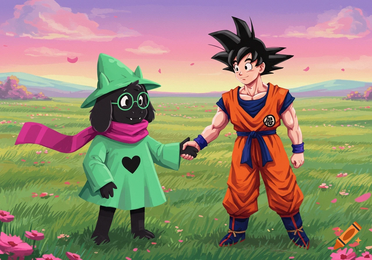 Ralsei from Deltarune and Goku from Dragon Ball shake hands in a colorful field under a pink sky, in an anime style.