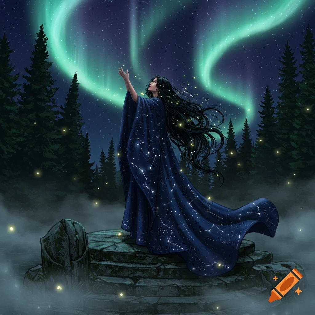 A dark-haired woman in a starry cloak reaches skyward on stone ruins in a misty forest under green aurora borealis.