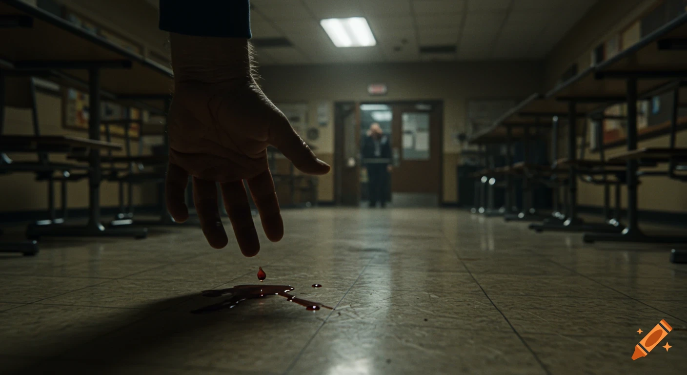 A man's hand drips blood onto a tiled floor in a dimly lit, empty school cafeteria, captured with cinematic shallow depth of field.