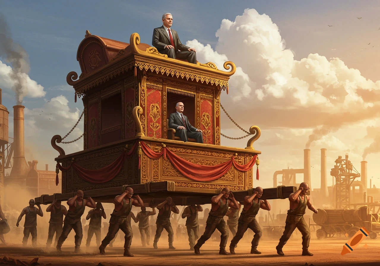 A man in a suit on an ornate carriage is carried by many workers through a dusty industrial landscape at sunset, realistic art.