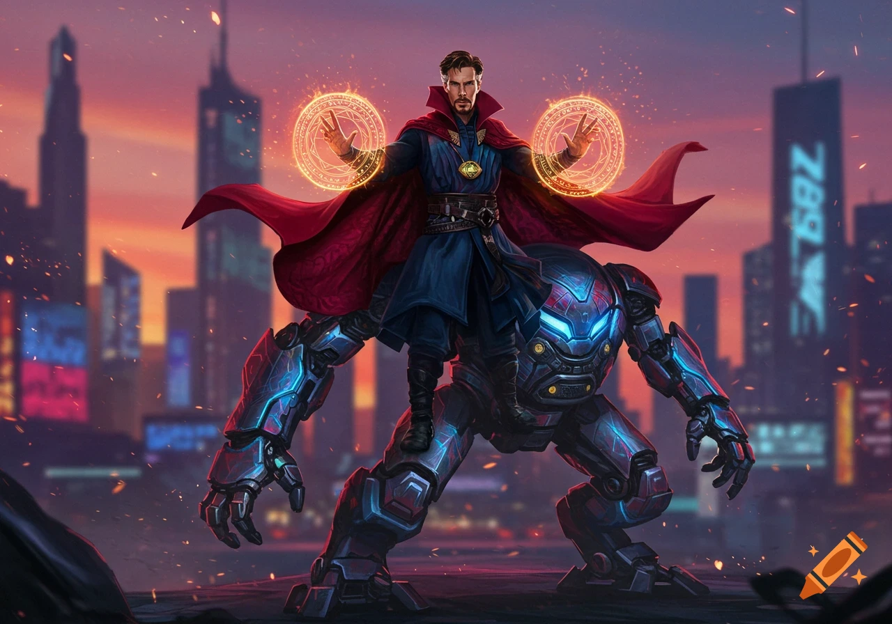 Doctor Strange riding a futuristic robot, casting magic against a cityscape at dusk in a digital art style.