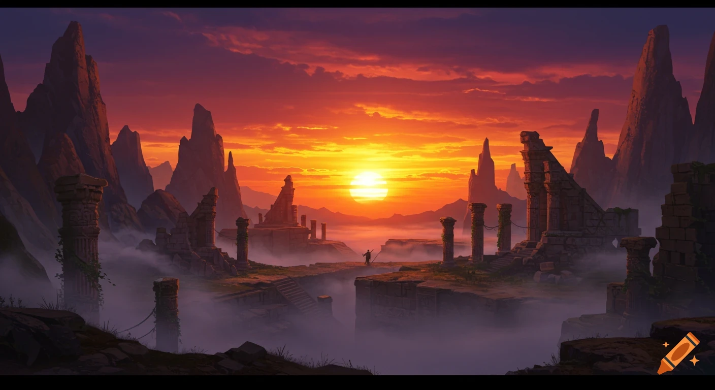A vibrant sunset over a misty valley filled with ancient stone ruins and sharp mountain peaks.