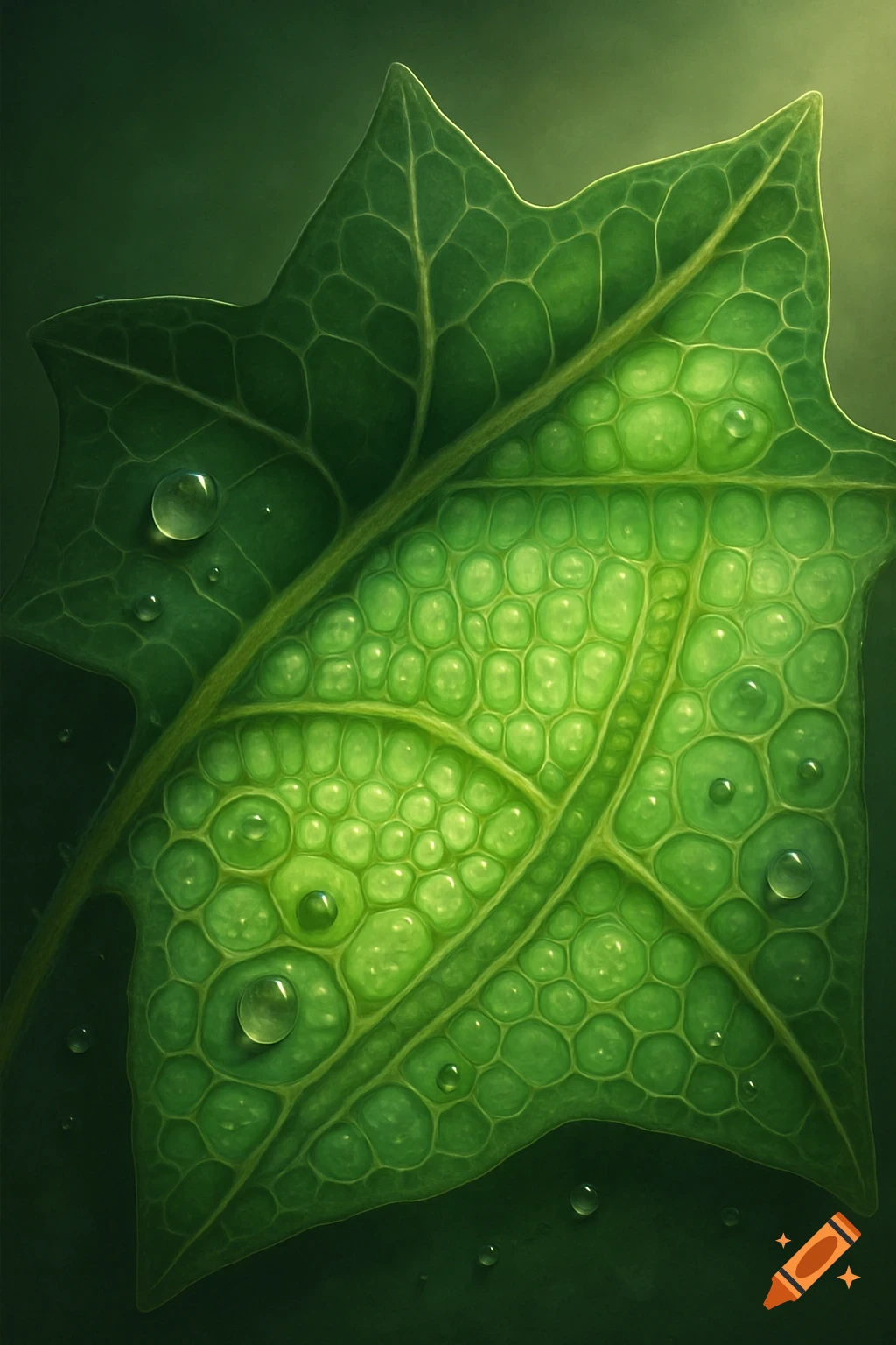 A vibrant green leaf with intricate vein patterns and visible cell-like structures, adorned with glistening water droplets.