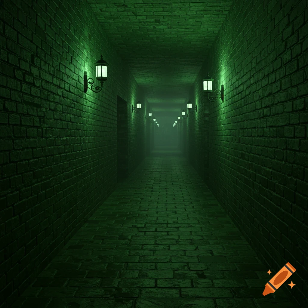 A long, dark brick hallway with green-lit wall sconces, disappearing into a misty distance.