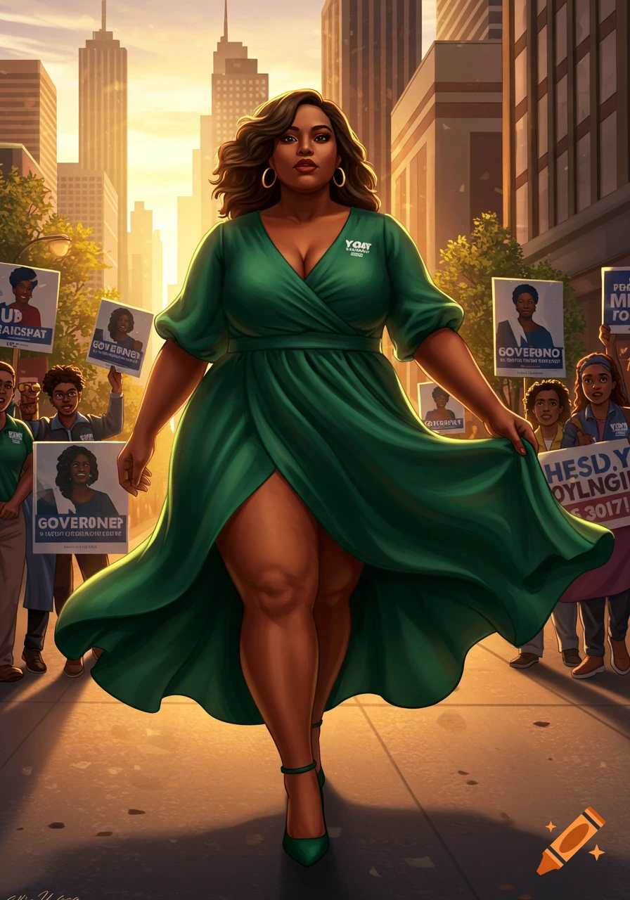 Stylized illustration of a confident plus-size woman in a green wrap dress walking on a city street with protest signs and buildings at sunset.
