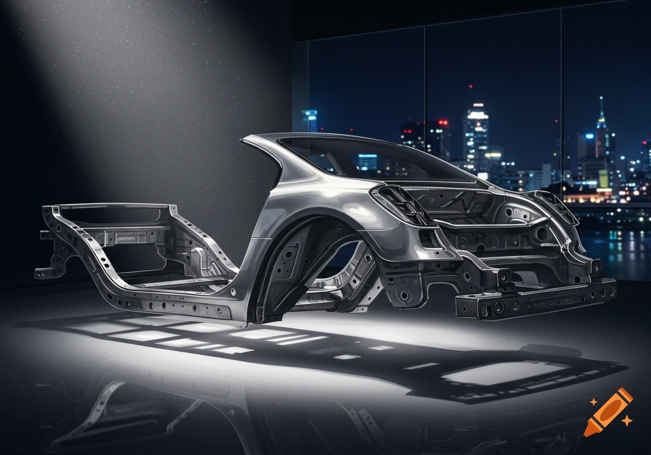 A sleek, partially assembled silver car body and chassis are displayed in a modern showroom with a city skyline at night.