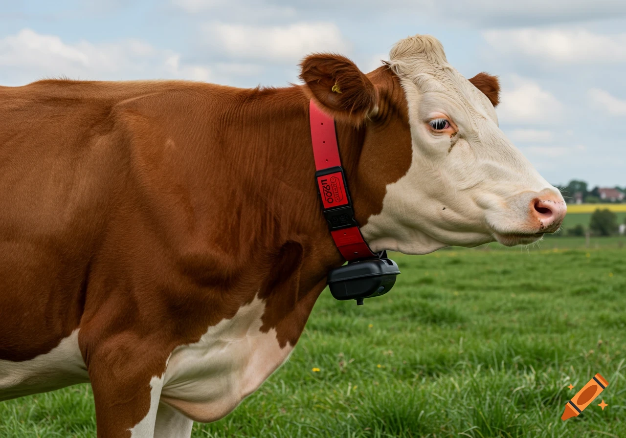 A brown and white cow wearing a red collar with a device, standing in a green grassy field under a cloudy sky.