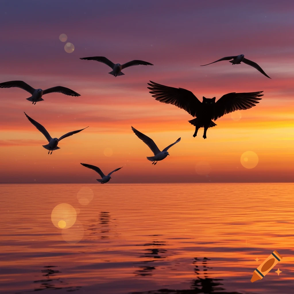 Silhouettes of seagulls and a winged cat fly against a vibrant sunset over the ocean.